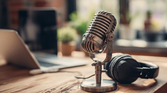 Vintage-style microphone on wooden table with headphones and laptop in the background, perfect for podcasting or music production settings