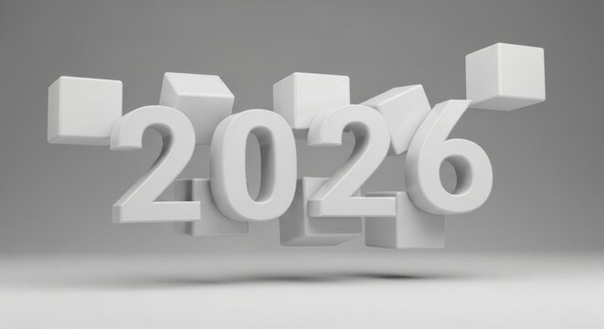 3D numbers 2026 floating among scattered white cubes, representing a future date