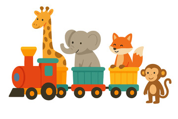 Adorable cartoon safari animals riding a colorful toy steam train with a happy monkey © Andrei