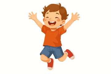 Cheerful young child jumping high in the air with arms up and a big happy smile