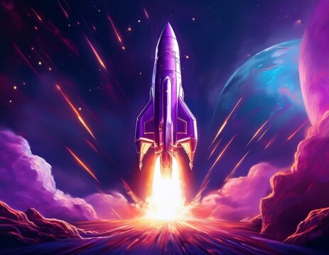 futuristic purple rocket launching into space with bright flames