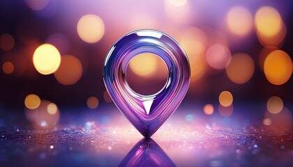 shiny glassy location pin symbol with soft purple background and bokeh lights