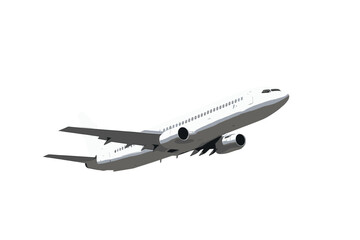 Commercial passenger jet aircraft flying upward isolated on a clean white background