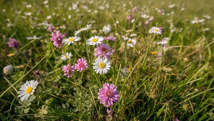 Fototapeta premium Chamomile blooms alongside pink clovers in a lush meadow, showcasing seasonal beauty