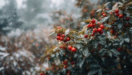 Rosehip bush adorned with red berries in a snowy forest, enhancing winter scenery