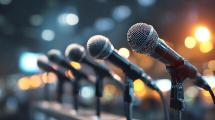 Close-up view of multiple microphones arranged in a row with a blurred background creating a vibrant atmosphere for public speaking or events