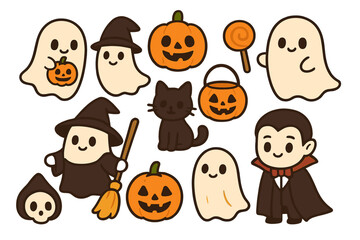 Cute cartoon ghosts, jack-o'-lanterns, and classic monsters for Halloween holiday design