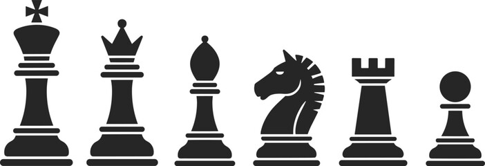 Black Chess Pieces Silhouette Set Isolated on White Background for Strategy, Game, Education, Icon Design and Vector Illustration © MSTMUNMUN
