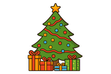 Naklejka premium Colorful decorated Christmas tree with baubles, star topper, and wrapped presents underneath