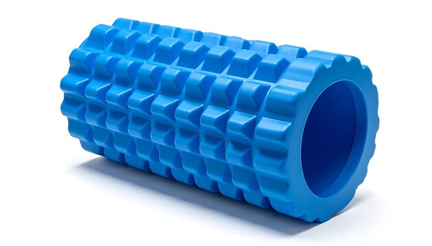 Blue textured foam roller with hollow center on white background