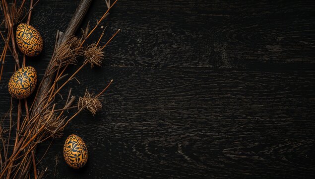 Still life featuring Pysanka, ornate Easter eggs, and dry willow branches on a dark wooden surface, ideal for editorial header background