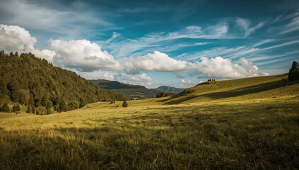 Obraz premium Lush green meadows under bright sunlight in a mountainous landscape, showcasing seasonal change