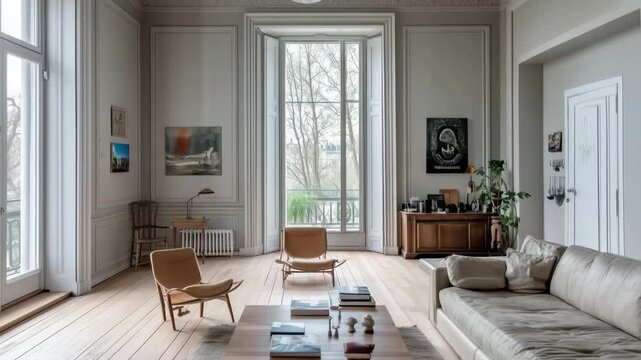 A spacious, modern neoclassical living room with large windows, minimalistic furniture, and wooden flooring