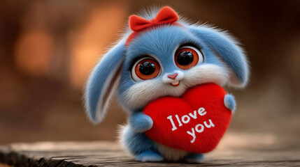 Cute 3D cartoon bunny holding "I love you" heart, animated movie style, adorable eyes, matte finish, studio lighting