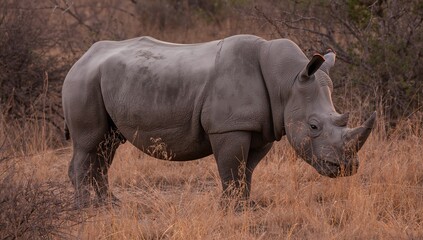 Fototapeta premium White Rhinoceros, subspecies Ceratotherium simum, standing in bushland at sunset, showcasing the erosion risk in natural habitats