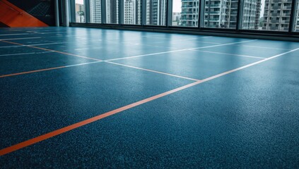 Shiny floor texture in a sports hall with marking lines, focus on safety