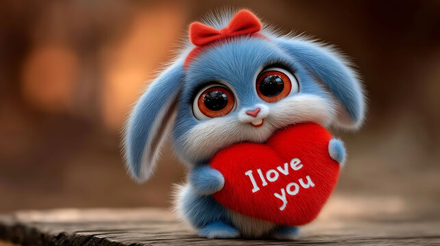 Cute 3D cartoon bunny holding "I love you" heart, animated movie style, adorable eyes, matte finish, studio lighting