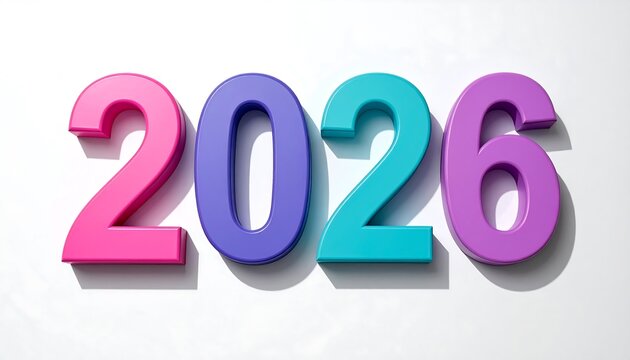 Colorful 3D digits “2026” standing upright on white background