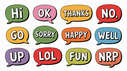 Assortment of vibrant, hand-drawn comic style speech bubbles displaying diverse short messages and everyday chat words for modern graphic design projects.