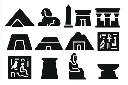 Ancient Egypt Icons. Solid style icons of Ancient Egypt monuments: pyramid, sphinx, obelisk, temple, tomb, mastaba, mortuary