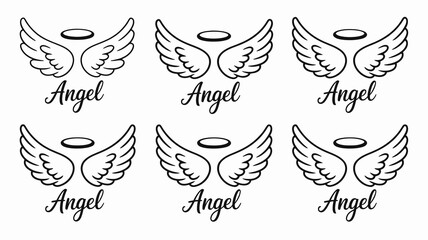 Elegant angel wings and halo with decorative script text 'angel' creating a seamless pattern on a clean white background. spiritual vector art
