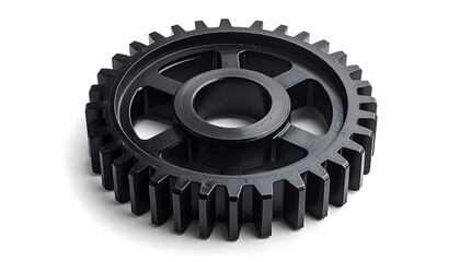 Black circular gear with central hole and spokes on white background