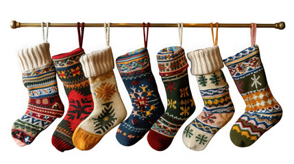 A row of six colorful knitted christmas stockings hanging on a brass rod isolated on transparent background