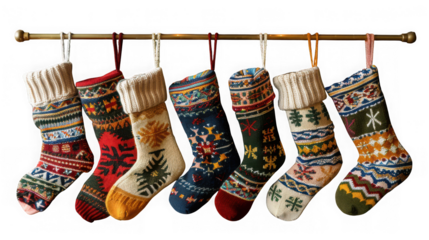 A row of six colorful knitted christmas stockings hanging on a brass rod isolated on transparent background