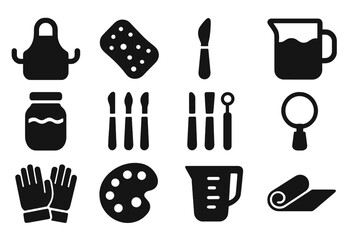 Fototapeta premium Set of kitchen utensils and tools. The image is black and white. The kitchen tools include a knife, a spoon, a spatula, a bowl, a cup, a bottle, a jar, a spoon, a fork