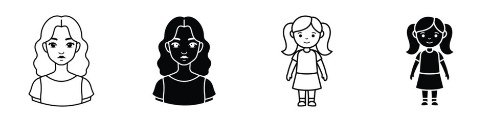 Girl icon in linear and clipart style pack on white background.