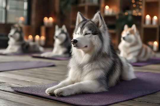 Happy dogs on sleds doing yoga in a cozy sports room