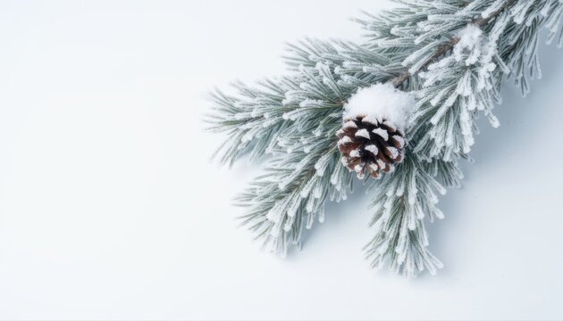 Frosted Fir Branch Isolated fir tree branch featuring a prominent cone, sparkling with fresh snow, ideal for captivating winter backgrounds on unique new year greeting cards, inspiring happy