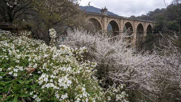 Tung flowers in full bloom along hiking trails by a bridge, seasonal change