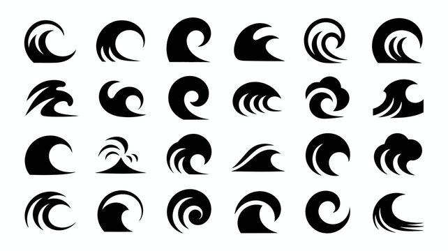 Collection of minimalist wave vector icons for ocean, sea, water, and surfing themes. dynamic crests and flowing forms for design.