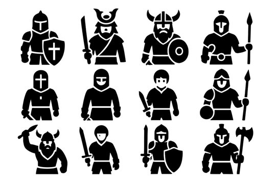 Warrior Icons Collection. Solid style icons of warriors: knight, samurai, viking, gladiator, crusader, templar, squire, foot