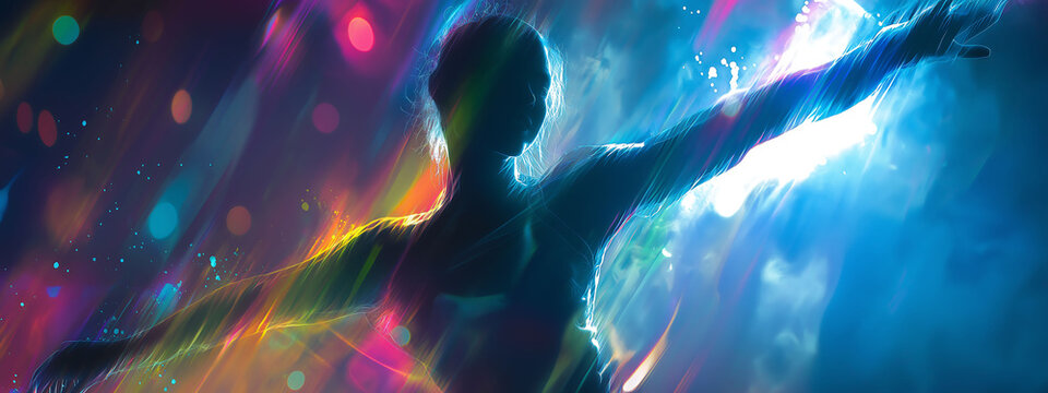 Silhouette of dancer in vibrant club with dynamic lighting and colorful effects
