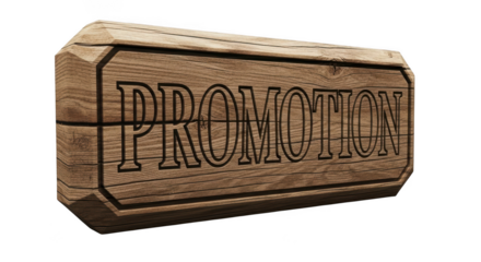 Rustic wooden sign carved with the word promotion isolated on transparent background