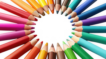Colorful pencils arranged in a circle, art supplies