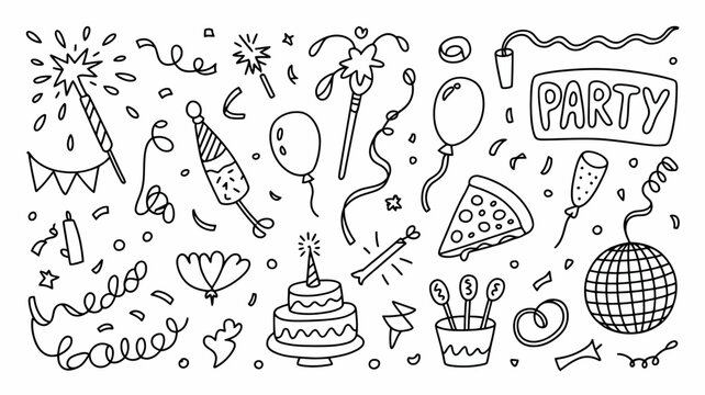 Hand-drawn party doodle collection featuring festive celebration elements like balloons, confetti, cake, sparklers, and a disco ball outline vector. - Powered by Adobe