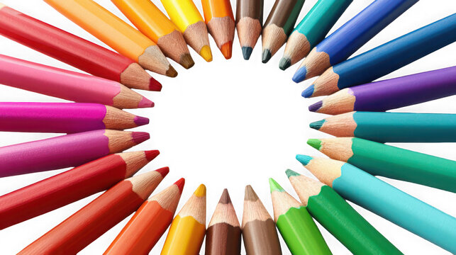 Colorful pencils arranged in a circle, art supplies