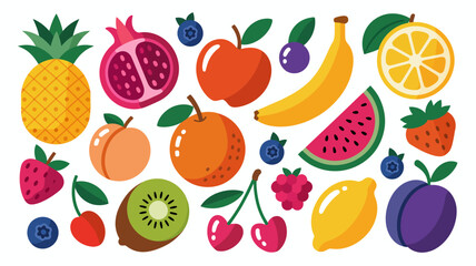 Colorful assortment of fresh organic fruits and berries in a vibrant flat design vector illustration, ideal for healthy eating concepts.