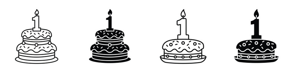 Happy first birthday icon in linear and clipart style pack on white background.