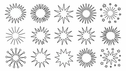 Collection of diverse line art starburst and explosion elements. variety of spiky, rounded, and radiating burst shapes for design projects.