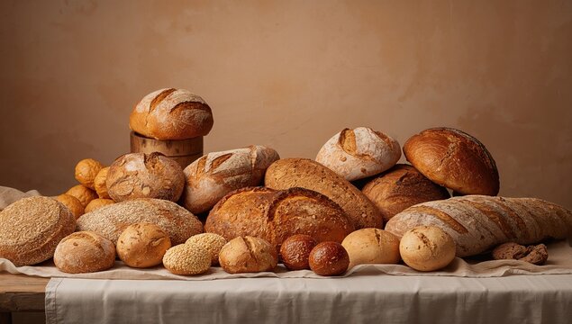 Variety of freshly baked bread and rolls displayed on a rustic table, ideal for a wholesome meal