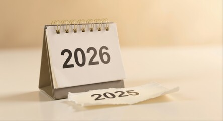Turning the page from 2025 to 2026 New Year calendar concept Celebrate anniversary of career success with strategic goal planning, transforming annual