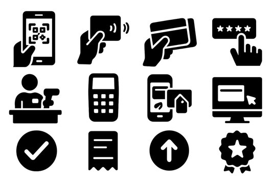 Redemption Icons Collection. Solid style icons of redemption steps: scan QR card, tap NFC card, swipe magnetic stripe, enter promo