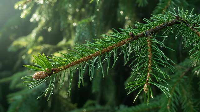 Close up of a pine tree branch with dew drops in soft sunlight