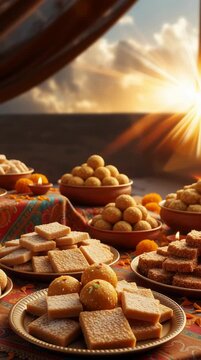 Assortment of Indian sweets (mithai) like Ladoo, Barfi , Tilgul, Chikki. Bright sun. Celebrating Indian festivals, like Makar Sankranti, Holi, Diwali, weddings, etc.
