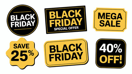 Collection of black friday special offer, mega sale, discount, and save percentage badges, stickers, and labels design elements.