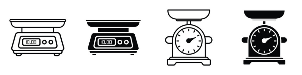 Kitchen scales icon in linear and clipart style pack on white background.